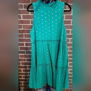 Oliphant Vibrant Green 100% Cotton Dress with Metalic Poka Dots Medium